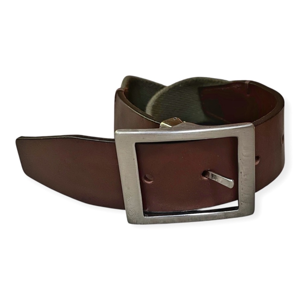 Barneys New York Stripe Webbed Belt w/ Brown Leather, sz EU 115cm